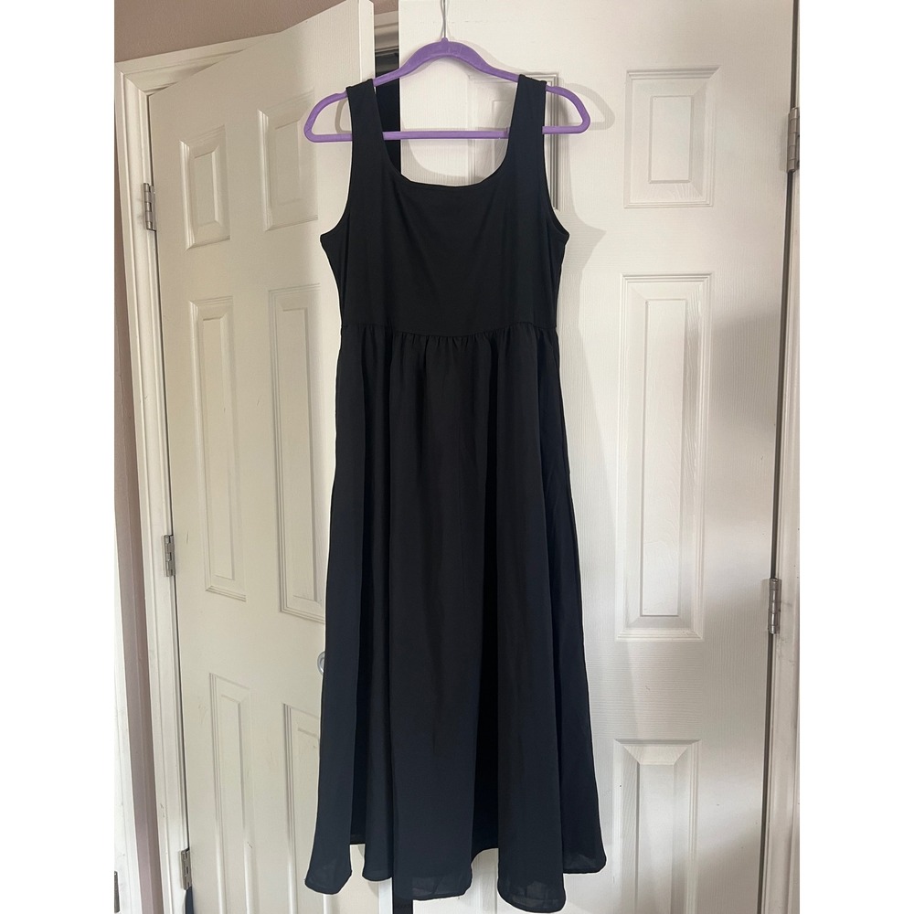 Womens Black Sleeveless Square Neck Gathered Waist Midi Dress Solid Minimalist